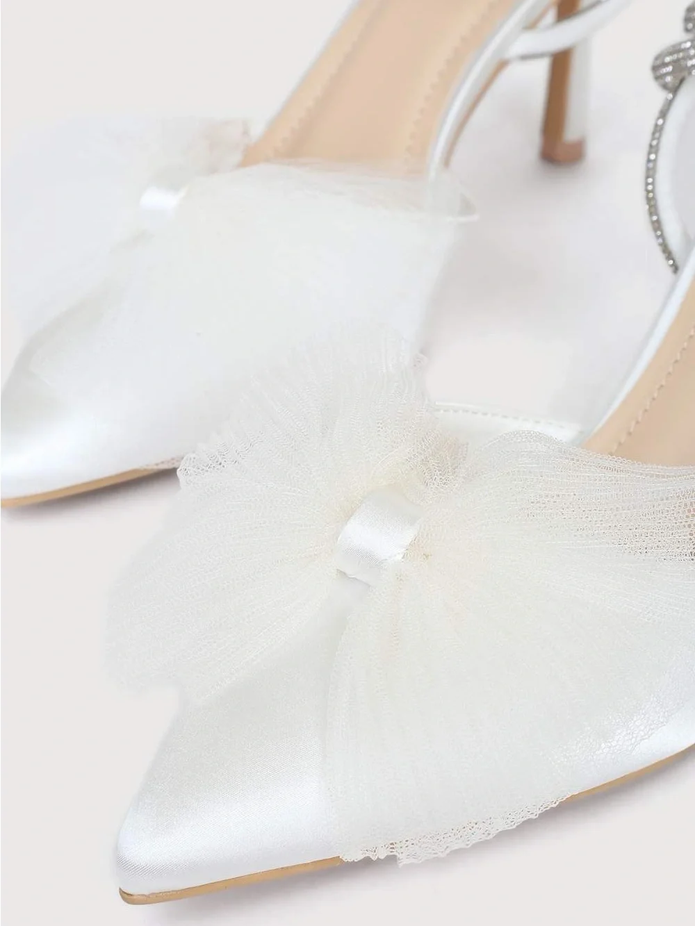 Lelanee White Satin Rhinestone Bow Ankle Strap Pumps by LuLus Size 9'